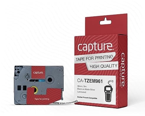 Capture 36mm x 8m Black on Matt Silver Tape, TZEM961 (Silver Tape)