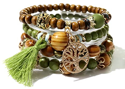 GAUEIOUR Boho Beaded Bracelet,Tree of Life Pendant Multi layered Wood Bead Tassel Bracelet, Elastic Travel Souvenir Jewelry Set, Bohemian Style Jewelry Gifts (Army Green, Set of 4)