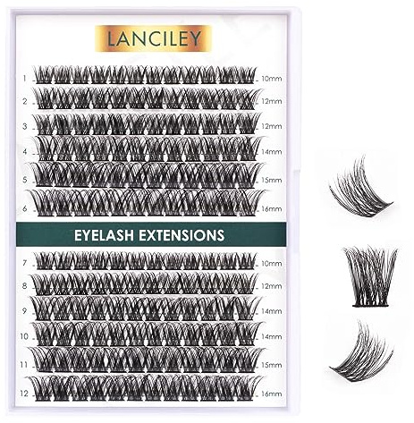 Lanciley 144 Clusters Individual Lashes False Eyelashes Natural Lash Clusters Thin Band Soft Reusable DIY Lash Extension Kit at Home for Make-up Beginner C/D Curl 10/12/14/15/16mm - L01