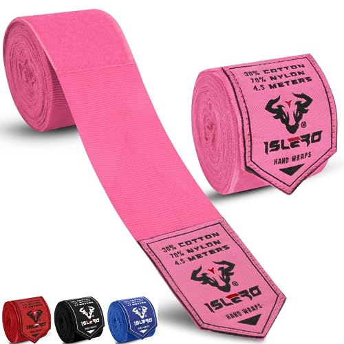 Islero Guantes interiores de boxeo de 4,5 m de tela elástica para el pulgar, correas de protección de muñeca, Muay Thai, MMA, kickboxing, artes marciales, bolsa de velocidad (rosa)