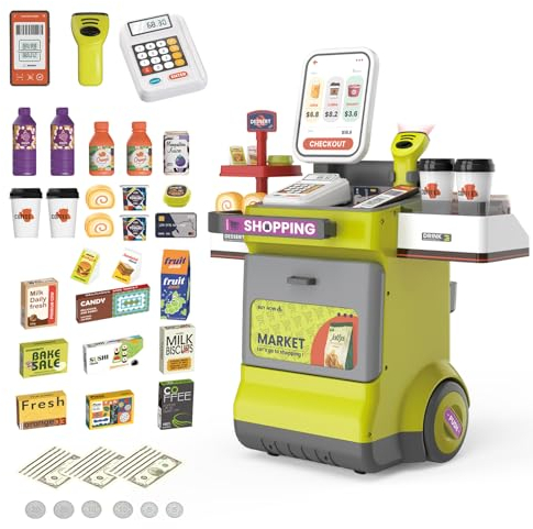 KalaDuck Cassa Supermercato Giocattolo per Bambini, 48PCS Carrello del Registratore di Cassa con Scanner, Calcolatrice, Soldi e Spesa Accessori, Negozio Giocattolo per Bambini Regalo (Verde)