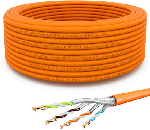 HB-DIGITAL 15m Cable de red CAT 7 LAN Ethernet - Certificado GHMT - LSZH Sin Halógeno AWG23 - Cable de instalación blindado, 10 Gb máx. 1000MHz S/FTP PiMF Cobre Sólido para Switch, Internet - Naranja