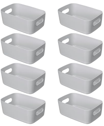 ZPONEED 8Pcs Grey Plastic Storage Baskets with Handle, Medium Kitchen Cupboard Organiser Box, Storage Boxes, Durable Home Tidy Open Storage Bins for Shelves, Bathroom, Kitchen, Office, School and Toy
