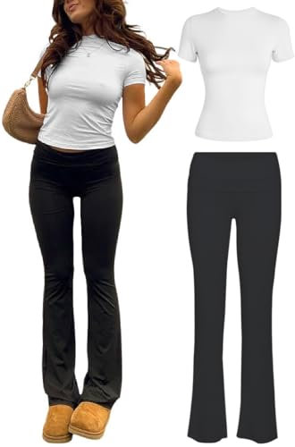 KISSYOUNG 2-teiliges Yoga-Set für Damen, weiches kurzärmeliges Oberteil, ausgestellte Leggings, bequem, dehnbar, für Freizeitkleidung, Weiß, Schwarz, Medium