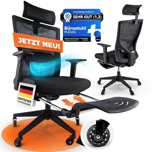 PLEXAS Bürostuhl Ergonomisch | Schreibtischstuhl [Fußstütze, Verstellbar, Blade Wheels] Office Chair höhenverstellbar & wirbelsäulenschonend | Computerstuhl schwarz, Drehstuhl 150kg