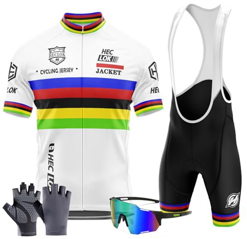 Traje Ciclismo Hombre Verano Conjunto Bicicleta Ropa MTB Maillot Bici Manga Corta＋Pantalones Cortos 9D Gel Acolchado Maillot para MTB+Incluye Guantes y Gafas de Ciclismo (TYP-1,XL)