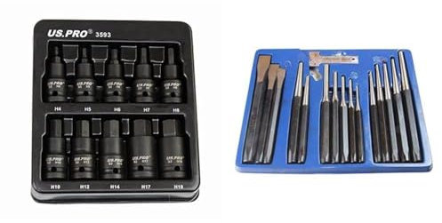 US PRO Tools 10pc Impact Hex Bit Socket Set 1/2'' Drive 4mm to 19mm 3593 & b2071 16pc Punch & Chisel Set, Black
