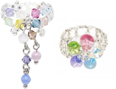 Ruarby 2 stilvolle Kristallblumen-Perlenringe, verstellbare Fingerringe, Dopamin-Quasten, Blumenringe, bunte Perlenringe, Wie beschrieben