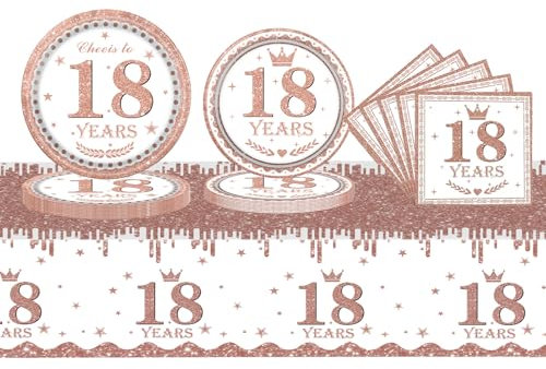 53Pcs Rose Gold Tableware Set 18th Birthday Table Cloth,Rose Gold 18th Paper Napkins and Paper Plates(7+9in),Rose Gold Paper Dinnerware 18th Anniversary Decor for Her 18th Birthday Party Supplies