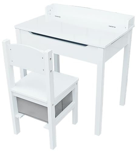 simpa Children's Wooden Lift Up Lid Desk & Storage Drawer Chair Set: White Finish.