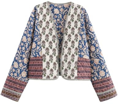 Flygo Women Cropped Puffer Jacket Cardigan Floral Printed Quilted Coats Lightweight Open Front Crop Padded Down Jackets(01Blue-M)
