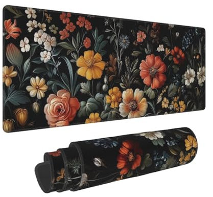 Large Floral Mouse Pad Extended Gaming Mousepad 31.5x11.8 Vintage Aesthetic Black Desk Mat Flower Mouse Pad Plant Wildflower Mousepad XXL Laptop Computer Keyboard Mats for Desk Office