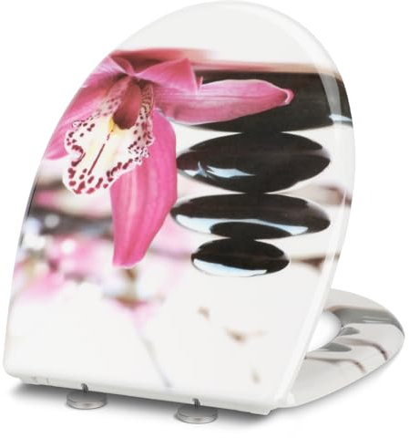 Premium WC-Sitz Toilettensitz mit Absenkautomatik, YOTOREE Toilettendeckel, O Form Duroplast Klodeckel mit Verstellbaren Scharnieren, Quick-Release Funktion für einfach Reinigung, Blumen und Steine