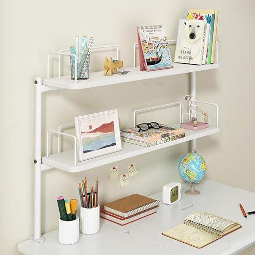 Clamp on Desk Shelf Organizer with Extension Shelf Small Desk Side Table for Desktop Accessories and Gaming Devices Office Organization Shelving Unit (Bianco 60cm/23.6)
