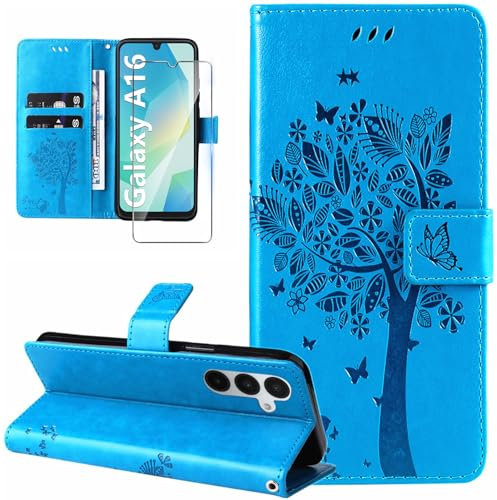 Dcjlbo Coque pour Samsung Galaxy A16 4G/5G Etui Coque Portefeuille Cuir avec Verre Trempé Motif Porte Carte à Rabat Clapet Protection Flip Case Housse Coque pour Samsung Galaxy A16 4G/5G-Bleu