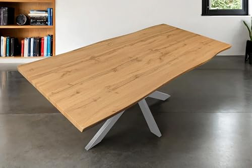 SAM Esstisch Josy | 180 x 90 cm | Holz Wildeiche-Optik | Spider-Gestell Metall Silber | 40 mm Tischplatte mit Baumkante | Tisch für Esszimmer & Küche