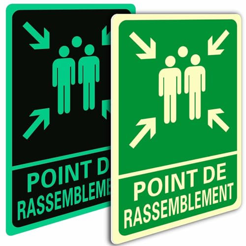 Ashoaza 2 Point de Rassemblement Panneau de Sécurité en PVC Extérieur et Intérieur, Panneau photoluminescent Sortie de Secours, Cm 20x30 Autocollant Point de Rassemblement Fluorescent
