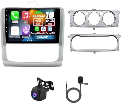 Slakerbe Android 13 Car Stereo Compatible with Ford Focus MK2 2004-2011, 9 Touch Screen Car Radio 4+64GB Stereo with Wireless Carplay Android Auto GPS WiFi Mic Backup Camera