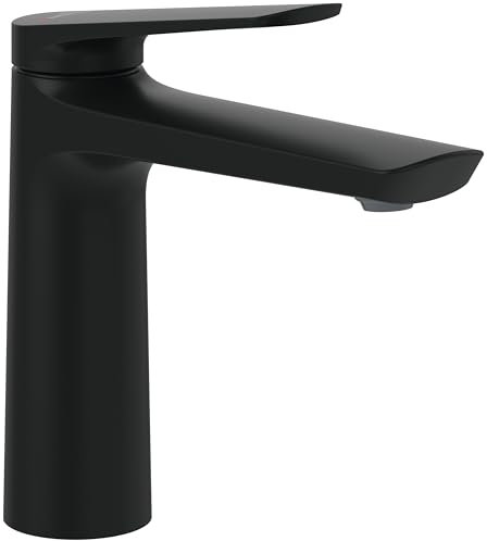 Villeroy & Boch Oasis Waschtischarmatur ohne Zugstange - Waschbeckenarmatur wassersparend mit Keramikkartusche - Wasserhahn Bad mit Waschbecken - Auslaufhöhe 114mm - Badarmatur rund in Matt Black