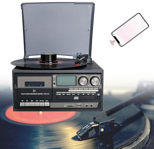 QFGain Centro De MúSica con Tocadiscos De 3 Velocidades, Reproductores De Cd/Mp3/Casete, Radio Digital Am/FM, FonóGrafo PortáTil, Altavoces EstéReo Integrados, ReproduccióN De Vinilo,Black