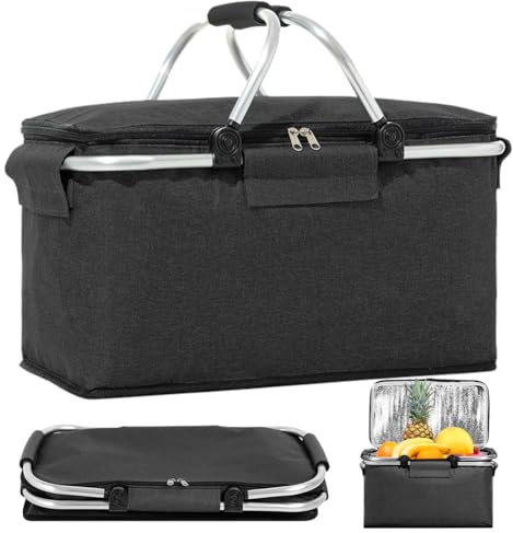 Faltbar Einkaufskorb Kühltasche 18L, Groß Isolierkorb, KüHltasche Picknickkorb, Thermotasche Kühltasche Isoliertasche Thermotasche für Camping Strand BBQ Grillen Picknick Wandern Einkaufen