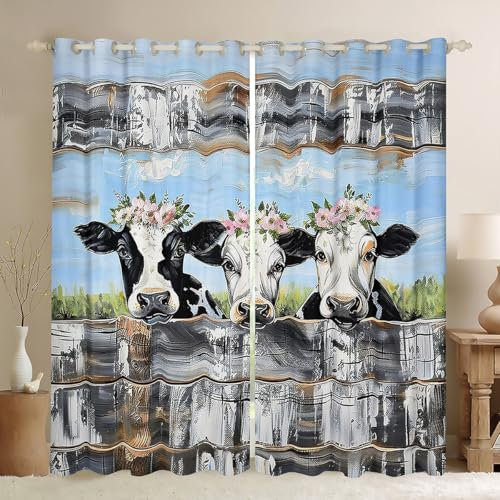 Loussiesd Cortinas de vaca lechera para dormitorio, sala de estar (2 paneles, 66 pulgadas de ancho x 90 pulgadas de largo) cortinas opacas de 30% a 50% de animales de granja, cortinas opacas para