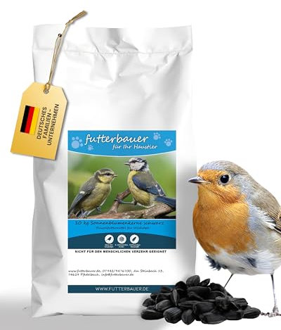 Futterbauer 2 x 10 kg Schwarze Sonnenblumenkerne für Vögel, 100% Natur, Hochwertige Energiequelle für Wildvögel, Hoher Fett- & Vitamin-E-Gehalt, Gereinigt & Getrocknet mit Schale, Ernte 2025