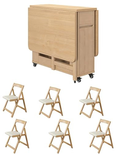 MSGIRVLZL Juego de Mesa de Comedor Plegable con 6 Sillas, Mesa de Cocina Extensible de Madera con Hojas Abatibles para Sala de Estar Y Restaurante.
