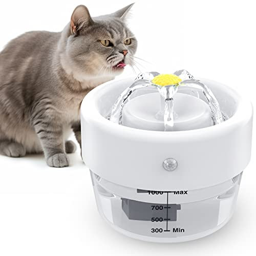 Jewyow 1L Fontaine à Eau sans Fil pour Chat, 1000mAh Fontaine à Eau pour Chat, Ultra Silencieuse, 2 Modèles, Débit d'eau de 25s, Capteur de Mouvement 120° pour Chats, Chiens