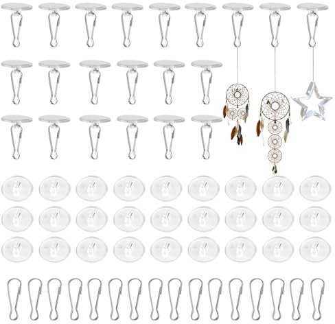 Pack of 50 Adhesive Hooks No Drilling Ceiling Hooks Self-Adhesive Hooks for Hanging Ceiling Transparent Extra Strong Adhesive Wall Hooks with Flagpole Clips for Ceiling, Bedroom, Kitchen, Bathroom