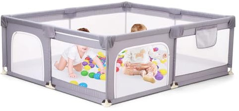 Laufstall baby 150 X 180cm Faltbarer Laufgitter Baby Tragbarer Abnehmbarer Baby-Sicherheitslaufstall, Absperrgitter mit Atmungsaktivem Netz & Saugnäpfen, Keine Spielmatte, Einfacher Montage