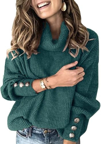 Wenrine - Maglione da donna, a collo alto, oversize, invernale, a maniche lunghe, lavorato a maglia, casual, caldo, con bottoni metallici, verde, S