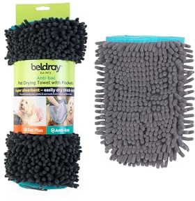Beldray Pet Plus Pet Drying Towel Set, XL Microfibre Towel And Mitt | Chenille noodle texture, hand pockets with finger dividers, machine washable, antibacterial treated, towel size 78 x 35 cm