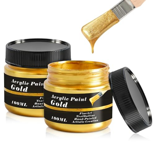 Gnaxyzthor 2 Piezas Pintura Acrílica Dorada Metálica, Pintura Acrilica Oro, 100 ml Acrilico,Ideal para Diseño Artístico y Manualidades, Incluye Materiales de Lienzo, Madera, Arcilla, Tela y Vidrio