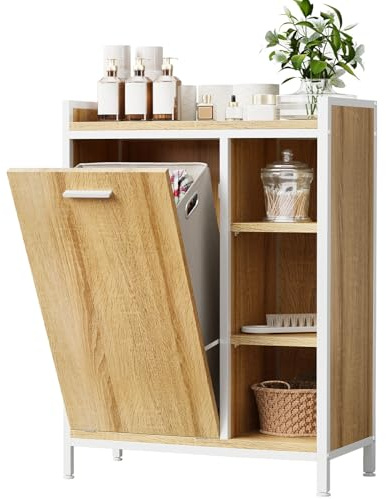 ELUCHANG Badezimmerschrank mit Wäschekorb, Wäscheschrank 50L, Badschrank mit 3 Ablagen Verstellbare Böden, Wasserdicht,Platzsparend für Kleines Bad, Wäscheküche,63x30x90cm,Oak+Weiß