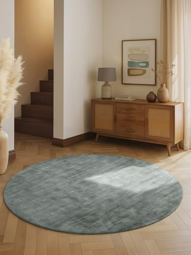 vikosa Viskose Teppich Noemi - Flauschiger Wohnzimmerteppich Rund, Handgemacht & Weich, Einfarbiges Design Handgewebt, dezenter Glanz, Kurzflor für Wohnzimmer, Schlafzimmer, Flur - Hellblau, Ø 200 cm