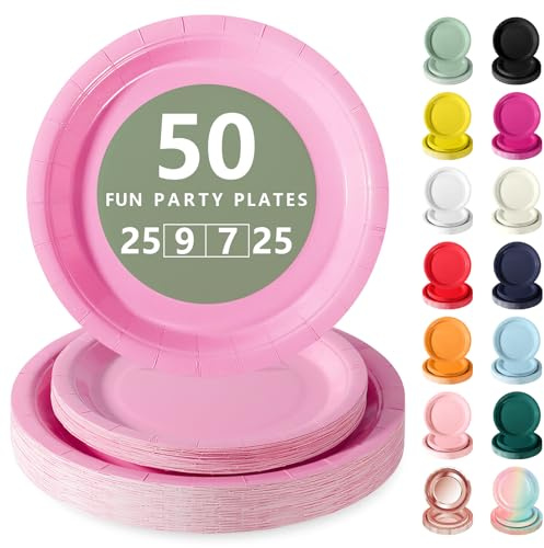 Nkaiso 50 Pcs Pink Disposable Party Paper Plates Set | Party Supplies- 25x9inch & 25x11inch Plate Elegant Disposable Tableware for Birthday, Wedding, Shower