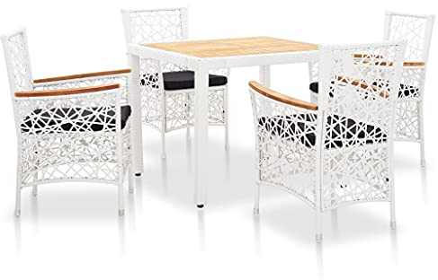 Kaloriko 5-TLG. Garten-Essgruppe Poly Rattan Weiß, Akazienholz Tischplatte, 90x90cm Outdoor Möbel Set, Wetterfest für Terrasse Balkon, Inklusive Sitzkissen