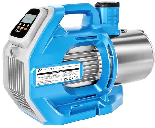 FOTING Pompe de jardin LCD INOX: Pompe d’arrosage haute pression avec écran LCD + 3 boutons, préfiltre grossier (1300 W, débit max 6 000 l/h, HMT 60 m, pression max 6 bar, aspiration 8 m)