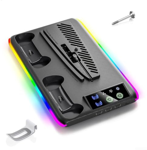MuchLuckystar Für PS5 Kühlstation mit Turbo-Lüftern für PS5 Pro Slim Konsole – Einstellbares RGB für Beleuchtung, Dual-Ladung, vertikale Halterung, Weiß (schwarz)