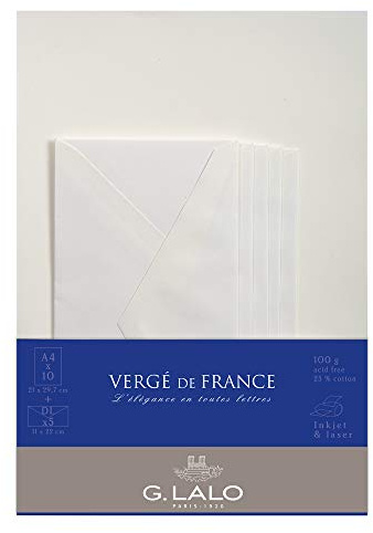Lalo 62750L Korrespondenz Set Vergé de France (mit 5 Blatt DIN A4, 21 x 29,7 cm, 100 g, säurefrei, gerade Kante und 5 Umschläge, 11 x 22 cm, nassklebend und gefüttert) Extra Weiß