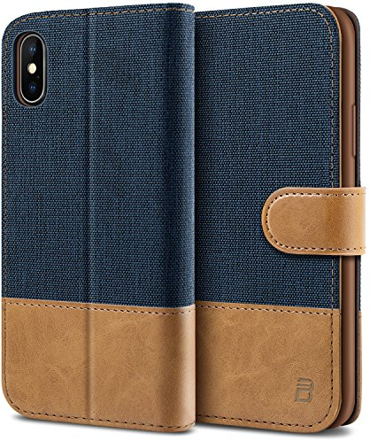 BEZ Handyhülle für iPhone X Hülle, Tasche Kompatibel für iPhone X, iPhone XS Handytasche Schutzhülle [Stoff und PU Leder] mit Kreditkartenhaltern, Blaue Marine
