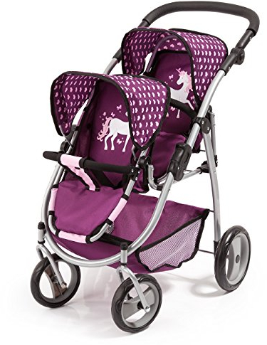 Bayer Design 26537AA Landau Jumeaux pour poupée, Poussette Double, réglable, poignée Doux, Panier intégré