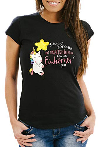 MoonWorks Damen T-Shirt Einhorn Ich Bin jetzt fertig mit erwachsen Werden Lass und Einhörner Sein Slim Fit schwarz M