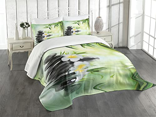ABAKUHAUS Spa Tagesdecke Set, Bambus japanische Relax, Set mit Kissenbezügen Ohne verblassen, für Doppelbetten 220 x 220 cm, Anthrazit grau Hellgrün Gelb