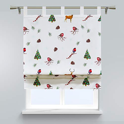 SCHOAL Raffrollo mit Schlaufen Blickdichtes Schlaufenrollo mit Weihnachtsdruck Mikrofaser Raffgardine für Kleinfenster HxB 140x80 cm Tannenbaum