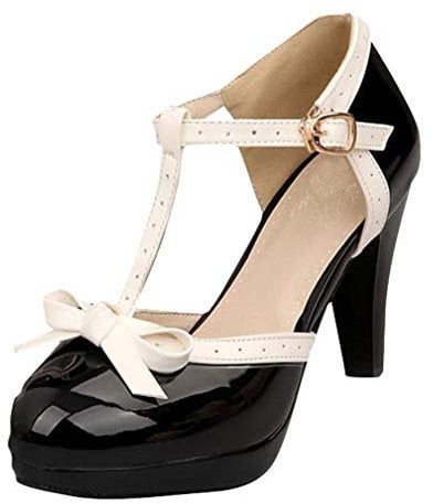 Lovouo Scarpe da donna Mary Jane in vernice con cinturino e fiocco, plateau e tacco quadrato di 9 cm, Nero , 37 EU