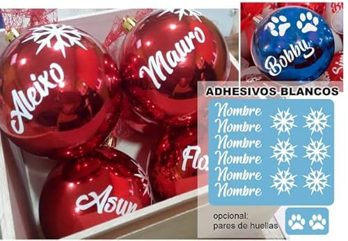 6 Nombres Adhesivos y 6 Copos DE Nieve Adhesivos para Pegar en Tus Bolas de Navidad (Solo Incluye LOS Nombres Y Copos Adhesivos, NO Incluye Las Bolas) - Color Blanco
