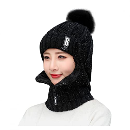 MANGGUO Strickmütze Hat Herren Damen Winter Mütze Bommelmütze Wintermütze warm gefüttert Ohrenschützer Hinzufügen Beflockung Thermal Radfahren mit Bommel-Mütze (Schwarz)