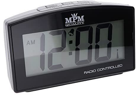 MPM Wecker Digital I Grau Plastik Funk ohne Ticken I Klassische Desktop Uhr Gesteuert durch Funksignal I mit LED-licht, 12/24 hod Alarm Clock